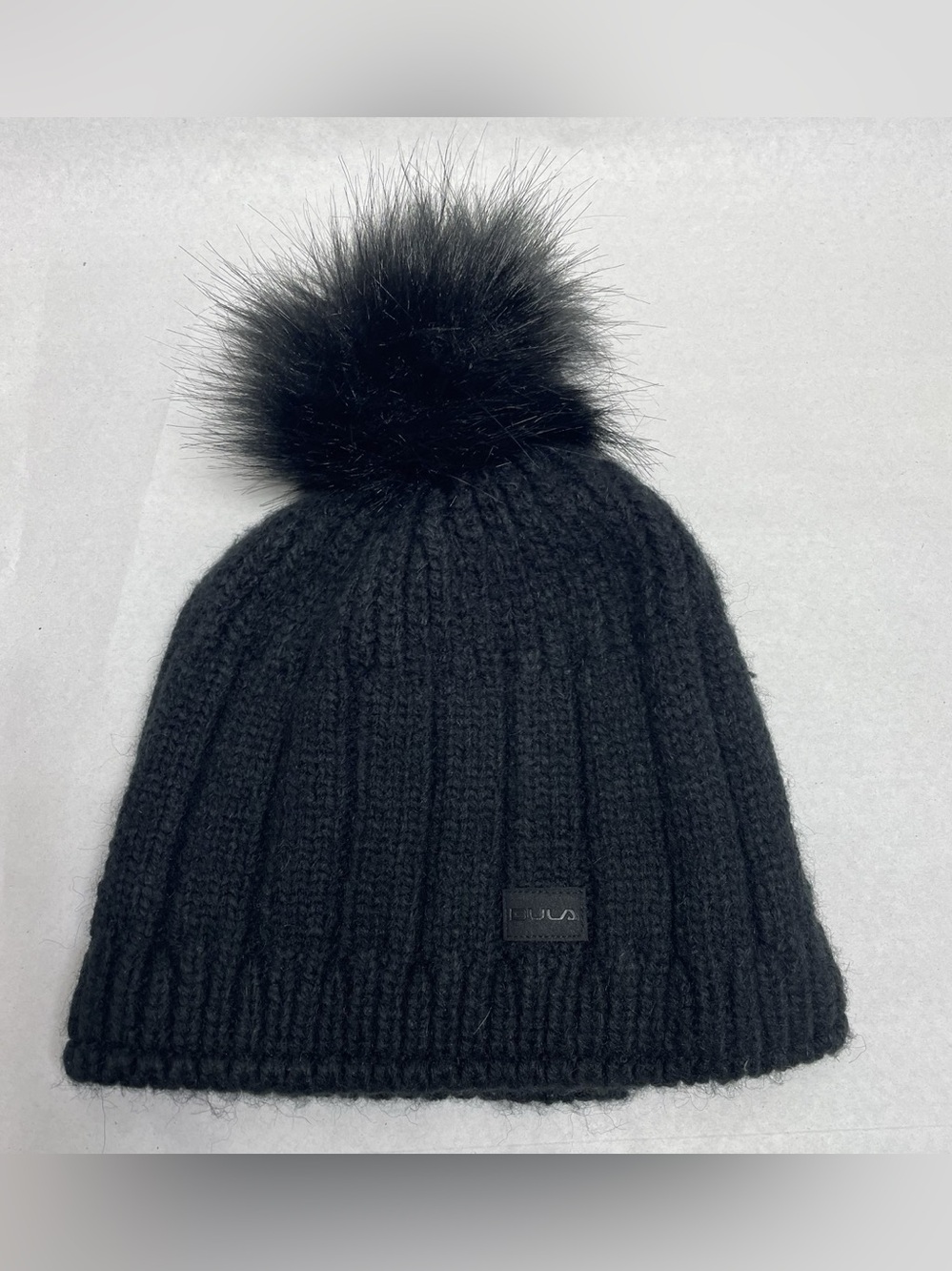 BULA Black Faux Fur Pom Ribbed Knit Beanie OS